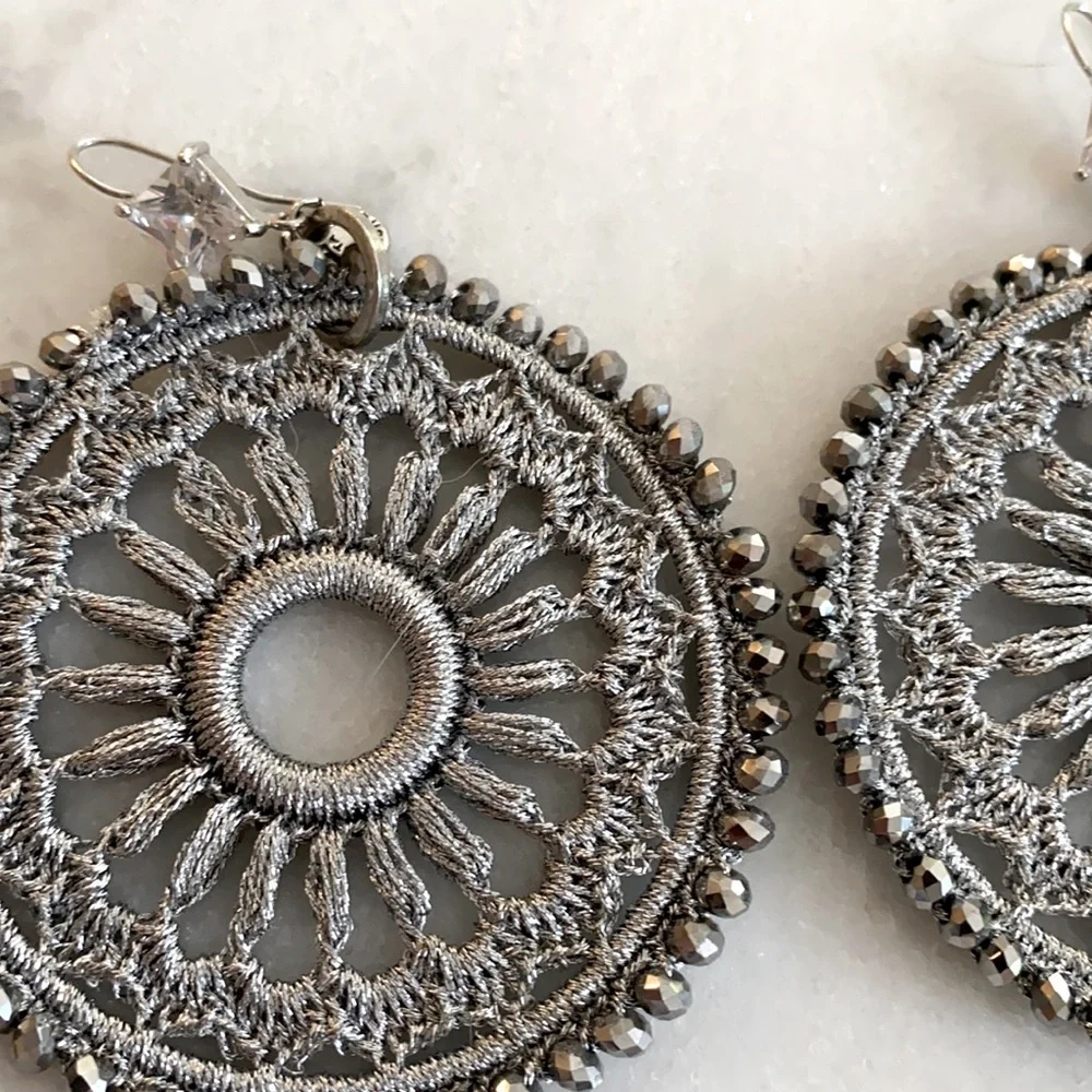 Silver Fringe Beaded Embossed Earring Bundle - Picture 2 of 4